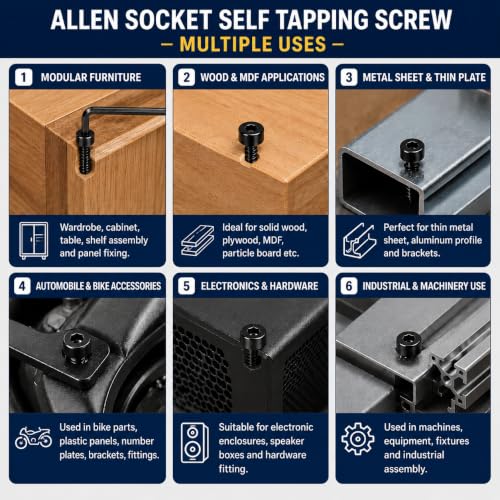 Image of By inchVP INDUSTRIES inch (Pcs-25) No.12x35 mm Allen Socket Cap Head Self-Tapping Screw - Black Zinc Furniture Bolt for Wood Boards, Cabinets, Cupboards & Chairs