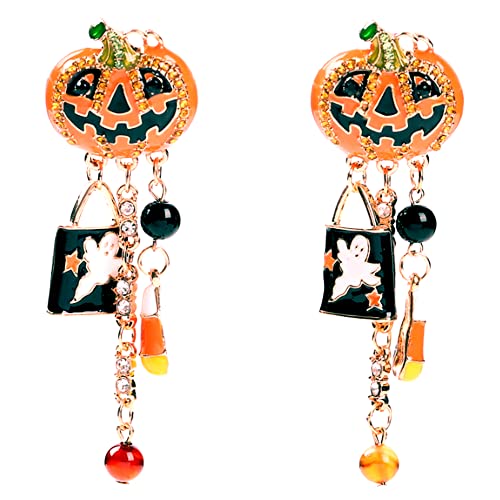 Halloween Pumpkin Earrings for Women Long Tassels Smiling Face Pumpkin Inlaid rhinestones Drop Earrings Halloween Jewelry