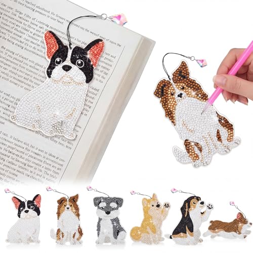 Ireer 6 Pcs Dog Diamond Art Bookmarks Kits for Adults - DIY Crystal Puppy Painting Craft Set Christmas Gift for Dog Lovers Pet Themed Bookmarks & Home Office Decor 6 Styles