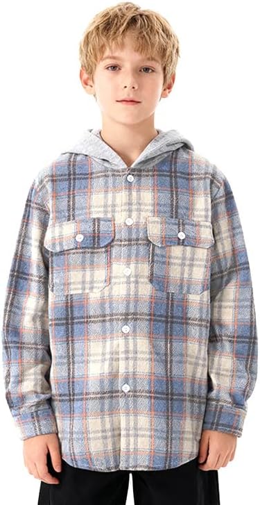 Weecreeture Boys Flannel Plaid Shirts with Hooded,Long Sleeves Button Down Shirts for Boys Fall Jacket