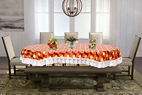 Image of The Furnishing Tree Waterproof PVC Oval Shaped Center Table Cover WxL 40x60 inches Frieze Pattern Orange with White Border lace