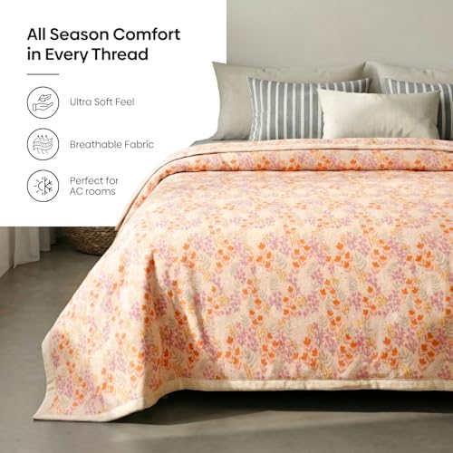 Image of haus & kinder Cotton Dohar for Single Bed | Lightweight Summer AC Blanket | 3 Layer Soft Breathable 100% Cotton Quilt for Bed | Kawai Bloom Blush Pink | 144 TC | 220 x 142 cm (87 x 56 Inches)