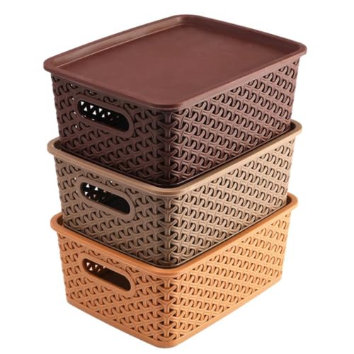Image of BENAVJI Multipurpose Solitaire Storage Basket with Lid Strong Plastic Material & Side Grip Size Small 25 x 19 x 10.5 Multipurpose Pack of 3 Multicolor