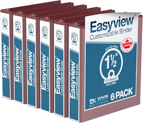 Image of Easyview 3-Ring Binder, Clear-View Cover, 1.5 inch Round Rings, Burgundy, 6 Pk | Heavy-duty binder, fits 8.5 inch x 11 inch paper, customizable cover, made in Canada, ideal for school or office use