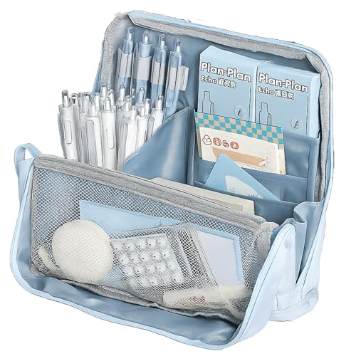 Percy’s Caravan ペンスタンド 持ち運びできる 大容量 収納ボックス 立てて収納 デスク整理 仕切り付き 収納ケース シンプルデザイン 小物収納 フリーアドレス (水色)