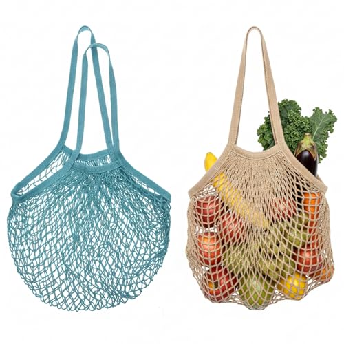 2 Stück Einkaufstaschen Netz Baumwoll Einkaufsnetz Netztasche Sandspielzeug Wiederverwendbare mit Langen Henkeln Netzbeutel Tragetasche für Die Aufbewahrung Von Obst und Gemüse (Beige Hellgrau)
