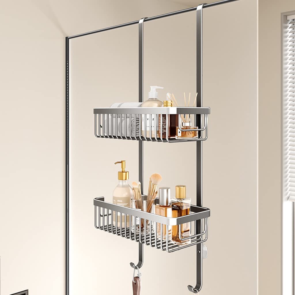 Over The Door Shower Caddy 2 Tier Hanging Shower Shelves No Drilling Adhesive Shower Organizer With Hooks Bathroom