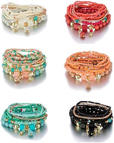 6 Sets Bohemian Stackable Bead Bracelets Multilayered Stretch Bracelet Set Multicolor Jewelry Sets Boho Pendant Charm Bangles Bracelet Handmade Tassel Strand Bracelet for Women Girls