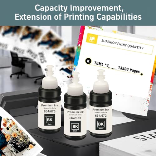 Image of KOSH T673 Refill Ink Compatible for Use in Epson L801, L805, L1800, L800, L810, L850, L1300, L605 Ink Tank Printers - 70 ML Each Bottle (3, Black Pack of 3)