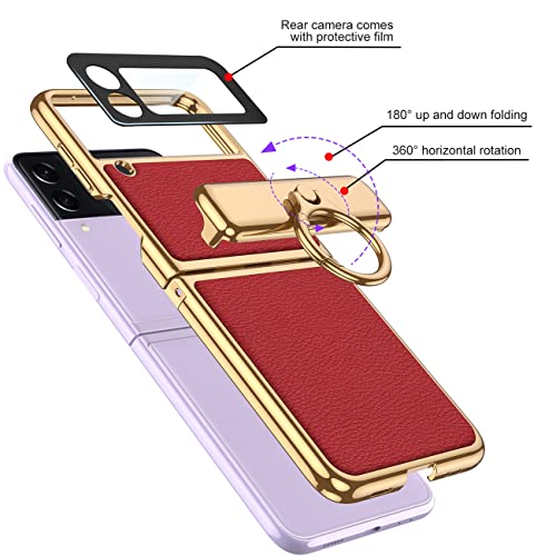 Baili Samsung Z Flip 3 Case With Ring,Galaxy Z Flip 3 Case With Magnetic Hinge,Z Flip 3 Case With Leather,Military Grade Drop Protective Case With Electroplated Pc,Wine Red #TOP1