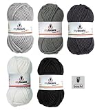  Mix-Sortiment myboshi Grau 5x50g (silber 193, titangrau 194, anthrazit 194, schwarz 196, weiß 191) + 1 myboshi Label
