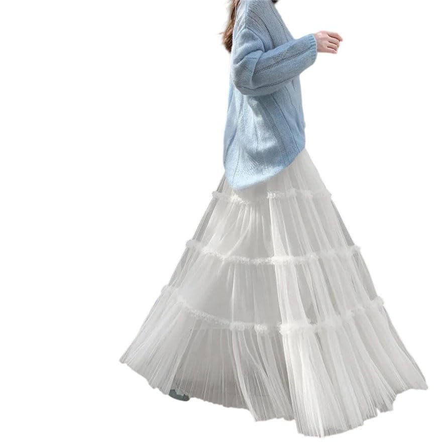 Women Mesh Solid A-Line Elastic High Waist Patchwork Pleated Long Skirt Summer Thin Flowy Maxi Skirt3