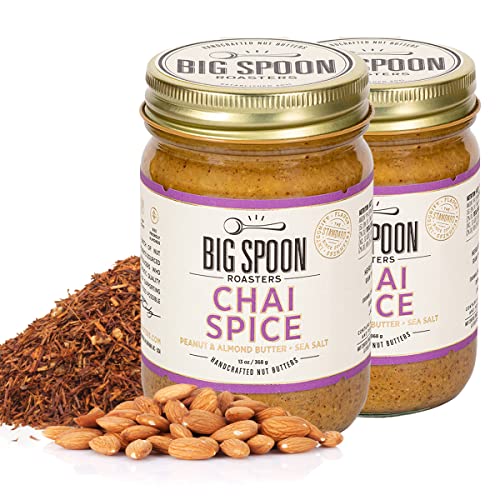 Big Spoon Roasters Chai Almond & Peanut Butter w/Raw Honey & Sea Salt - Keto Friendly, Low Sugar Almond Butter - Crunchy Almond Butter w/Bee-Friendly Almonds - Gourmet, Vegan Nut Butter - 2 x 13 Ounce