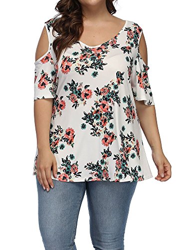 ALLEGRACEWomen's Plus Size Summer Cold Shoulder Tunic Top Short Sleeve Tunics V Neck T Shirts