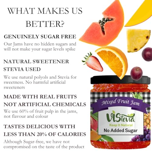 Image of Vistevia's Sugar Free Mixed Fruit jam and Pineapple Jam, Diabetic and Keto Friendly - Sweetened Naturally with Stevia, More Than 60% Fruit Content - Tastes Delicious - Pack of 2 (220 * 2 GM)