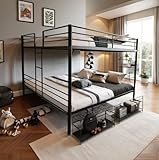 PVWIIK King Over King Bunk Bed with Storage Drawers and Ladder for Kids,Adult,Teenagers,Heavy Duty Metal Bunk Bed w/Full Length Guardrail for Dorm,Bedroom,Guest Room,No Box Spring Needed,Black