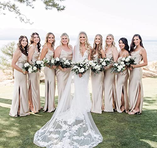 Qqcute Mermaid Cowl Neck Bridesmaid Dresses With Slit Long Satin Pleated Spaghetti Straps Formal Prom Dresses For Women Wedding(White,2) #TOP3