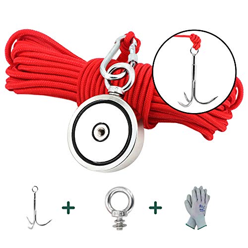 MHDMAG Double Sided Magnet Fishing Kit with Grappling Hooks and Gloves, 880lbs Combined