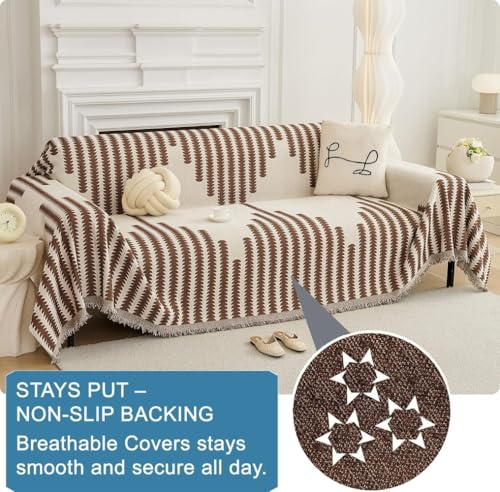 Image of The Furnishing Tree Reversible Double Sided Chenille Sofa Cover, Anti-Slip Couch Cover, Comfy Sofa Towel for All Seasons, 5 Seater (3+1+1), Brown