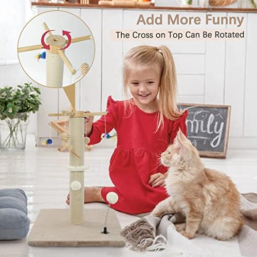 Kuoser 60cm Tall Cat Scratching Posts, Natural Cats Sisal Rope Scratch Pole with Soft Plush Base and Rotatable Interactive Toys, Vertical Cat Claw Scratcher for Small Medium Cats, Easy to Assemble
