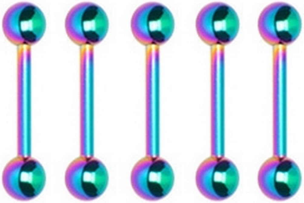 Thenice 5 Pcs 1.6mm 14g Multicolor Barbell Tongue Ring Earrings Ear Studs Length 10mm