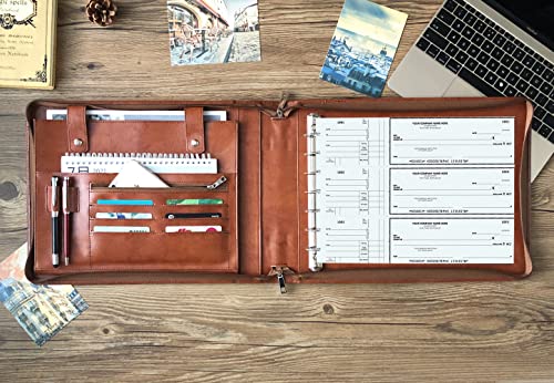 Raccoglitore A 7 Anelli, In Pelle Vegana, Con Cerniera, Per Libretto Degli Assegni Aziendali, Con Manico, 600 Controlli Di Capacità Per Fogli Da 22,9 X 33 Cm (Standard, Marrone) - 2