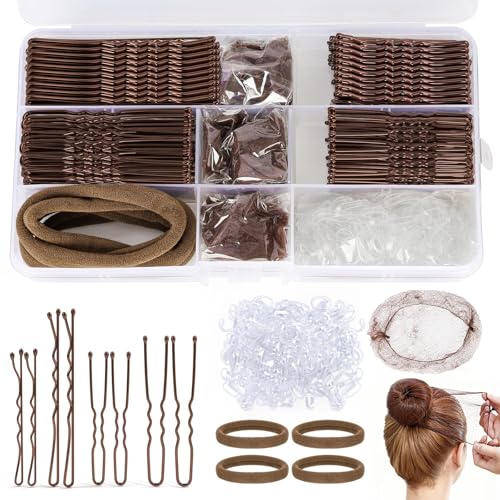 HONZUEN 385 Piezas Horquillas Pelo Mujer Kit, 150 Horquillas Moño U, 125 Pasadores de Pelo, 100 Mini Gomas para Cabello, 6 Redes Moño, 4 Scrunchies, Accesorios Juego de Pinzas Mujer con Caja, Marrón