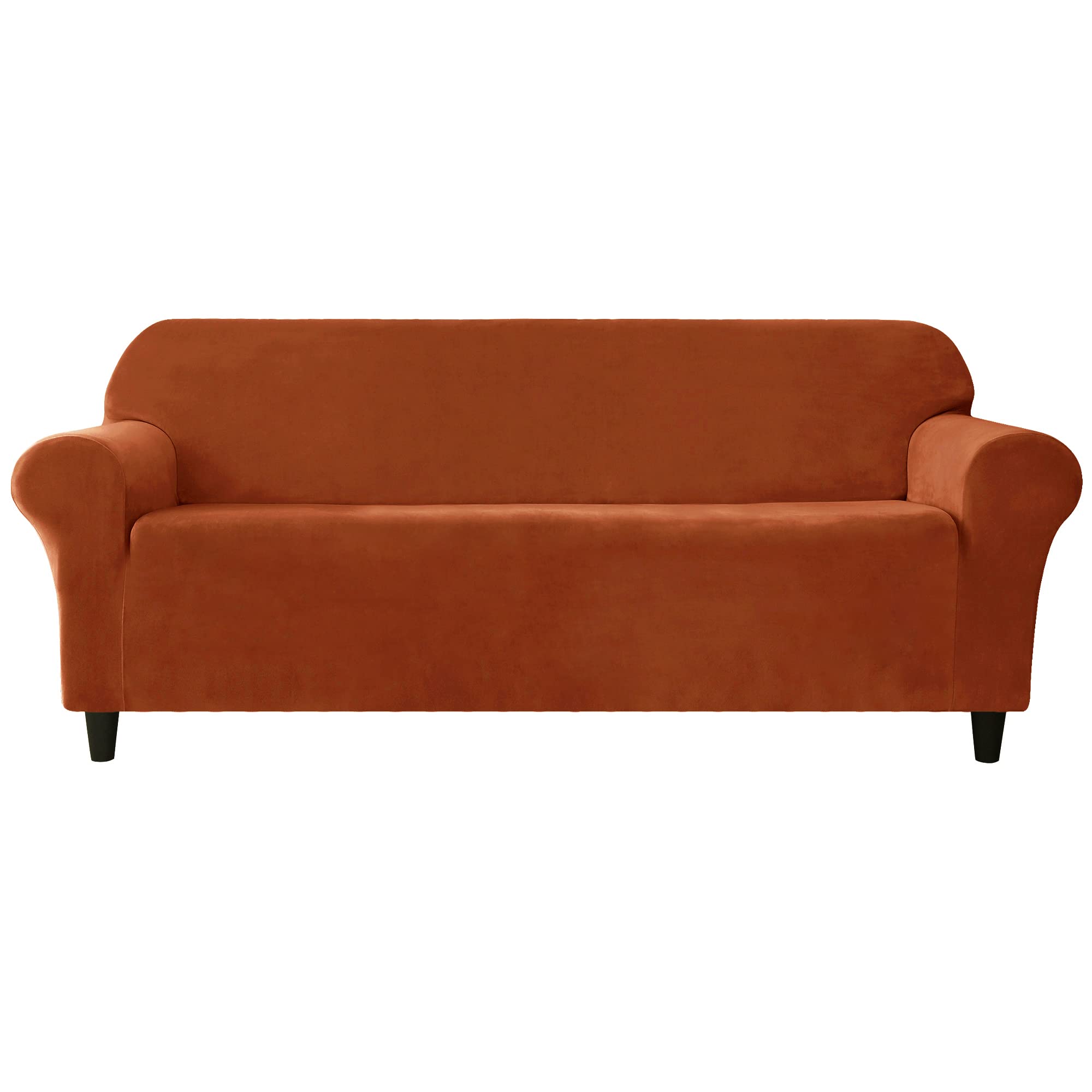 Stretch Sofa Slipcover, Soft Thick Velvet Couch Sofa Cover Furniture Protector with Elastic Bottom for Pets & Kids (Red Brown, XL)