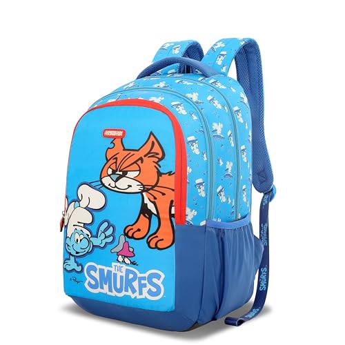 Image of American Tourister The Smurf Kids Backpack /100% Durable Polyester /3 Spacious Compartments with 35L /Adjustable Shoulder Straps /Lightweight School Bag for Boys & Girls /Cartoon Print Design- Blue & Red