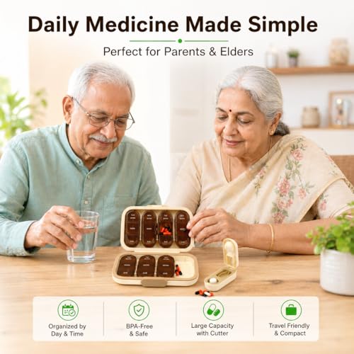 Image of Weekly Pill Organizer with Tablet Cutter | Medicine Organizer & Pill Box, BPA-Free Portable Travel Medicine Box, Ideal Tablet Box for Medicine, Vitamins & Supplements (SANDAL ( MODEL : TABBY 105 ))
