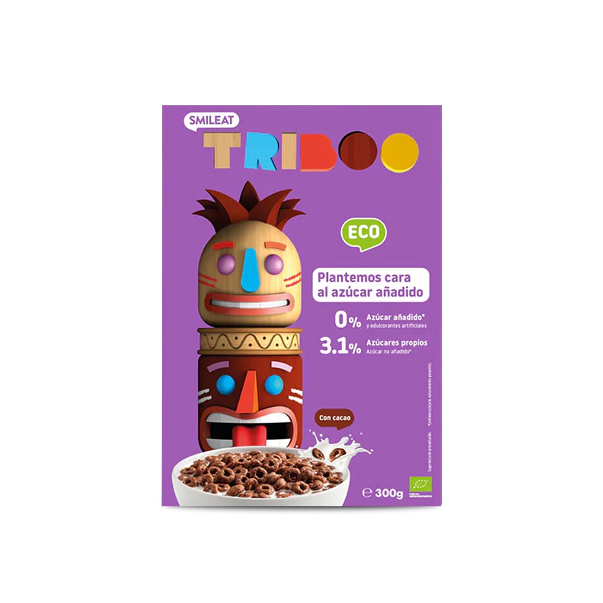Smileat - Cereal TRIBOO Sabor a Cacao - Snack para peques - Sin Azúcar ni Sal Añadidos - Ecológico y 100% Vegetal - Textura Crunchy - Ideal con Leche o Yogur - 300g