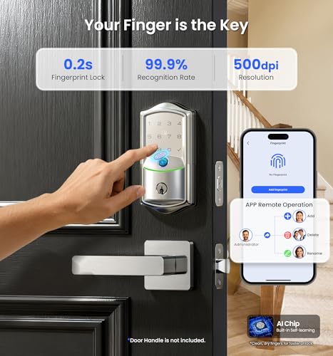 Veise VE027 Built-in Wi-Fi Smart Lock, Fingerprint Keyless Entry Front Door Lock, App Remote & Voice Control, No Hub Needed, Touchscreen Keypad Deadbolt, IP65 Waterproof, BHMA Grade 3, Satin Nickel thumbnail 4