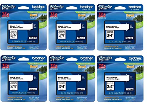 Brother Genuine P-Touch 6-Pack TZe-241 Laminated Tape Black Print on White Standard Adhesive Laminated Tape for P-Touch Label Makers Each Roll is 0.7/18mm (~ 3/4) Wide 26.2 ft. (8M) Long