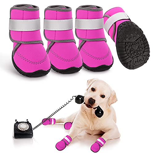 AOFITEE Dog Boots Waterproof Large Dog Shoes, Adjustable Pet Rain Booties with Rugged Anti-Slip Sole and Reflective Straps, Outdoor Dog Paw Protector for Medium to Large Dogs (Pink XL) AOFITEE Dog Boots Waterproof Large Dog Shoes, Adjustable Pet Rain Booties with Rugged Anti-Slip Sole and Reflective Straps, Outdoor Dog Paw Protector for Medium to Large Dogs (Pink XL)