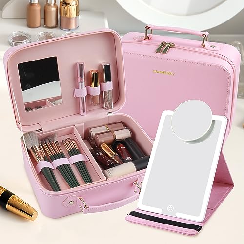 Wangselect Travel Makeup Case Portable Artist Storage Bag With A 10X Magnifying Mirror And Potable Dimmable Travel Mirror For Pro Teen Pink #TOP6