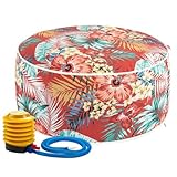 IN4 Care Outdoor/Indoor Inflatable Ottoman Pouf D20 xH9, All Weather Round Footstool with Foot Pump, Water Repellent Portable Footrest with Handle for Patio Garden Camping Travel-Chili Red Floral