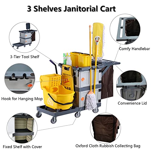 Commercial Cleaning Cart, 3-Ply Multi-Purpose Engineered Plastic Housekeeping Cart With 30 Gallon Bag Hand Push Utility Cart, 200 Lbs. Load Capacity, 51X22X37 (B) #TOP4