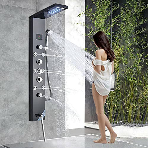 Columna de Ducha de Acero Inoxidable con Panel LED, Sistema de Masaje y Lluvia, Negro, Modelo 8009 miniatura 2