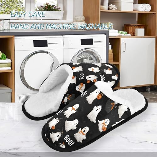 Grey Pumpkin Ghosts Halloween Slippers For Women Men Soft Memory Foam Non-Slip Halloween Winter Indoor House Shoes Travel Slipper3