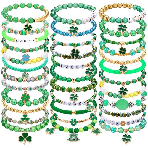 Huquary 36 Pcs St. Patrick's Day Bracelets Bulk Irish Lucky Leaf Shamrock Beaded Bracelet...