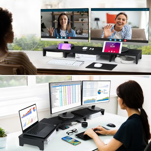 Nnewvante Monitor Stand Riser, 60 inch Large Bamboo Dual Monitor Stand for Desk, 3 Shelves Desktop Screen Riser with Adjustable Length Angle for Computer Laptop PC,Black - Image 4