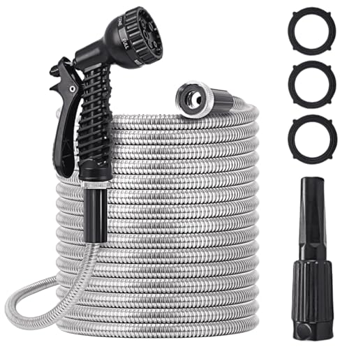 100ft Stainless Steel Expandable Garden Hose with 7 Function Nozzle