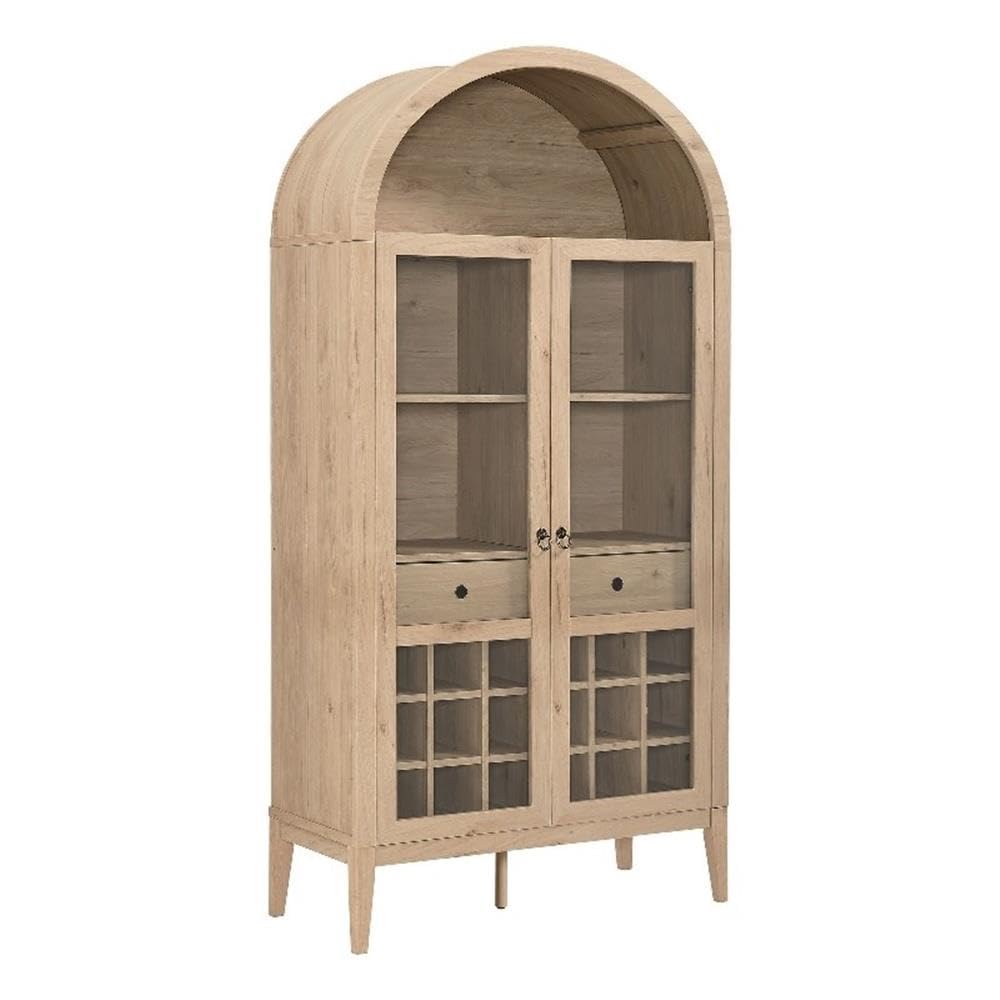 Modway Nolan Modern Farmhouse Arched Bar Cabinet in Light Oak Wood Grain - 72 Inch Tall Wine Storage Cabinet with Glass Doors and Wine Rack - Large Liquor Cabinet for Dining or Living Room
