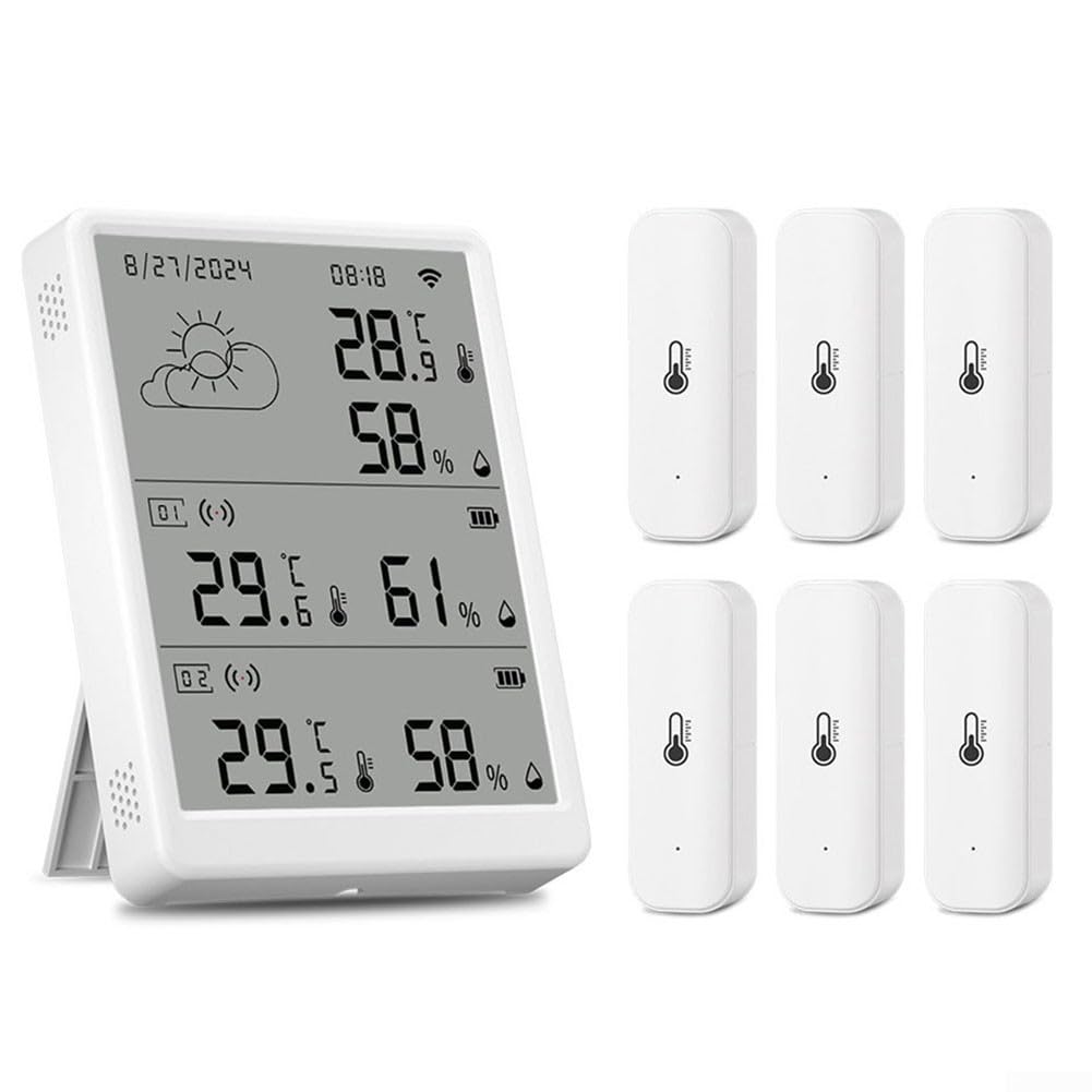 Sensore igrometro Wlan per Tuya per SmartLife, sensore di umidità della temperatura, termometro Wlan con app per casa serra (1 stazione base + 6 sensori)