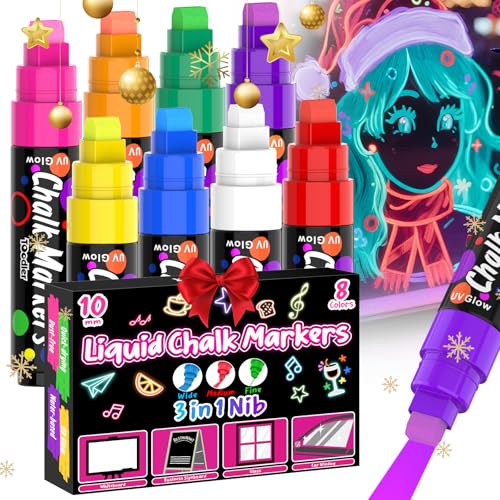 Toodler 8 UV Neon Chalk Markers Glow in the Dark under Blacklight, Jumbo Liquid Chalk Markers Erasable 10mm 3 In 1 Nib, Car Window Marker For Glass Chalkboard Blackboard Bistro Signs Menu Board