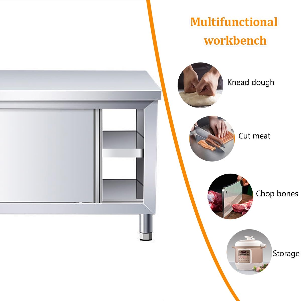 Mesa de trabajo de doble puerta corrediza, mesa de preparación comercial de acero inoxidable con almacenamiento, multifuncional para restaurantes, cocinas y carnicerías