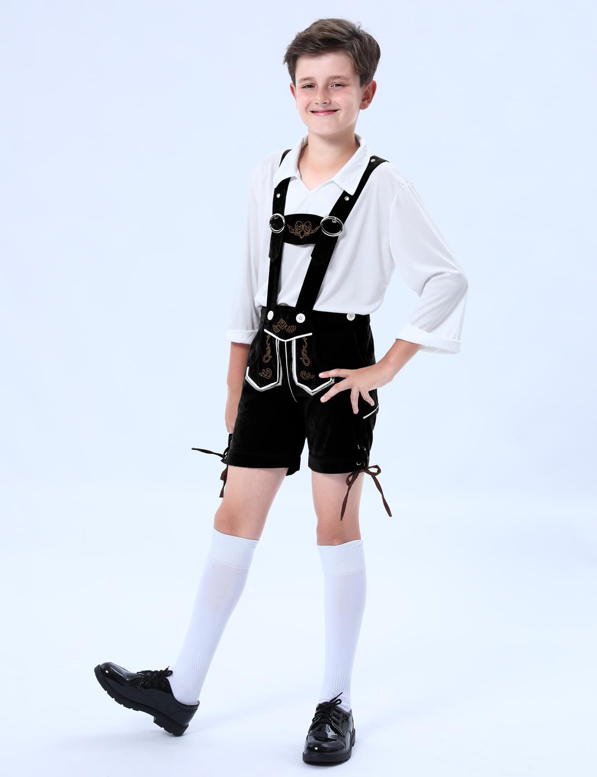MOMBEBE COSLAND Kids Boys Oktoberfest Outfit, Embroidered Lederhosen, Fancy Dress Costume, Black, Small (7-8 Years) - Image 2