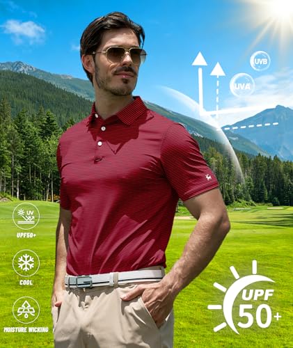 Image of ZITY Men Golf Polo Shirts Short Sleeve Striped UPF 50+ Moisture Wicking Casual Collared Print T-Shirt for Men