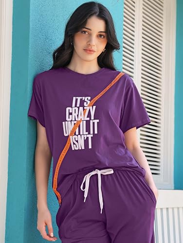 Image of ZEYO Night Suit for Women's Typography Printed Cotton Night Dress of Top and Joggers