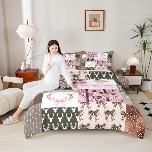 Image of Feelyou Hunting Pink Girls Bedding Set Twin Size,Mallard Duck Pink Bow Comforter Set for Kids Teens Room Camo Decor Farmhouse Rustic Bed Set